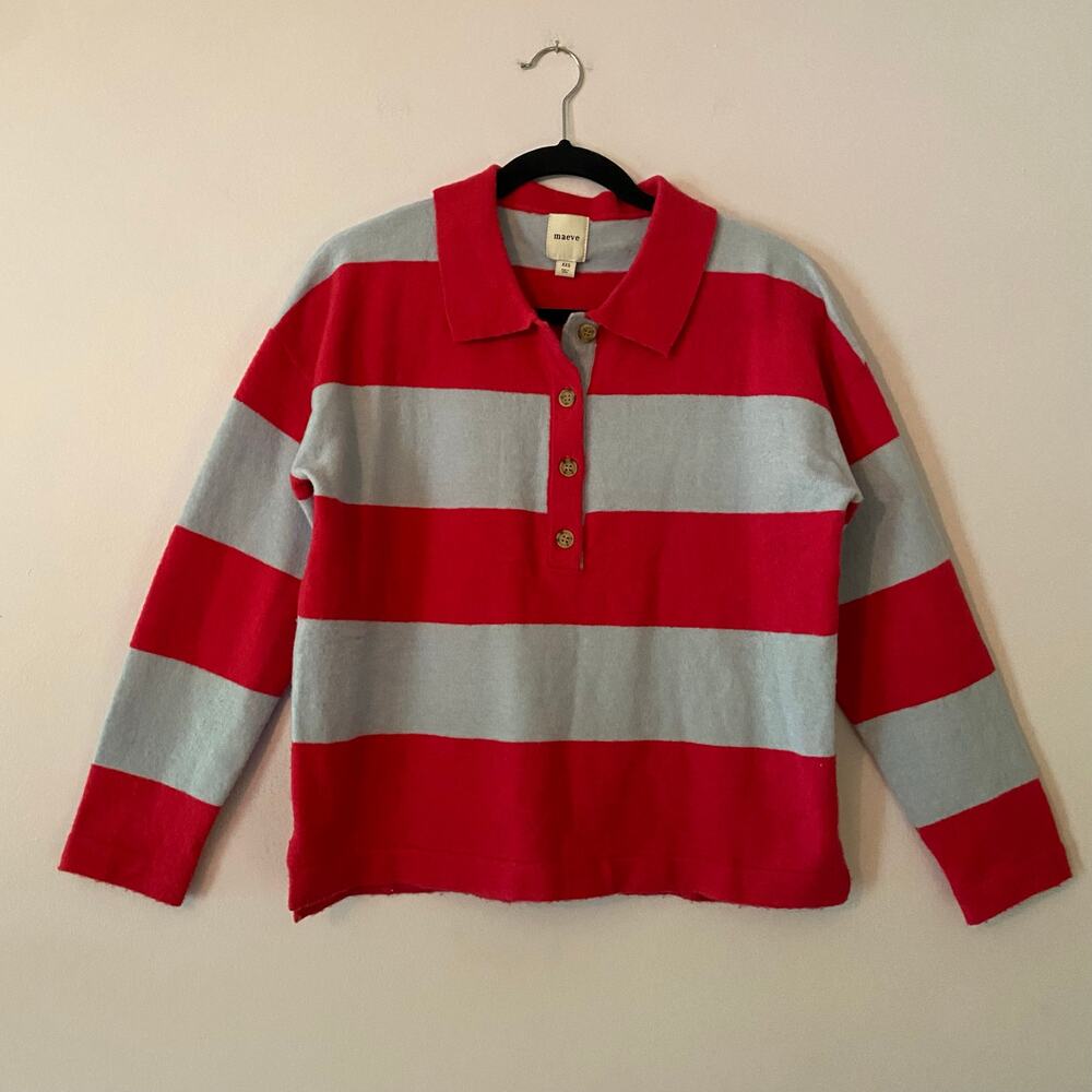Maeve Anthropologie Pink Blue Stripe Rugby Shirt Wool Blend Women's size XXS
